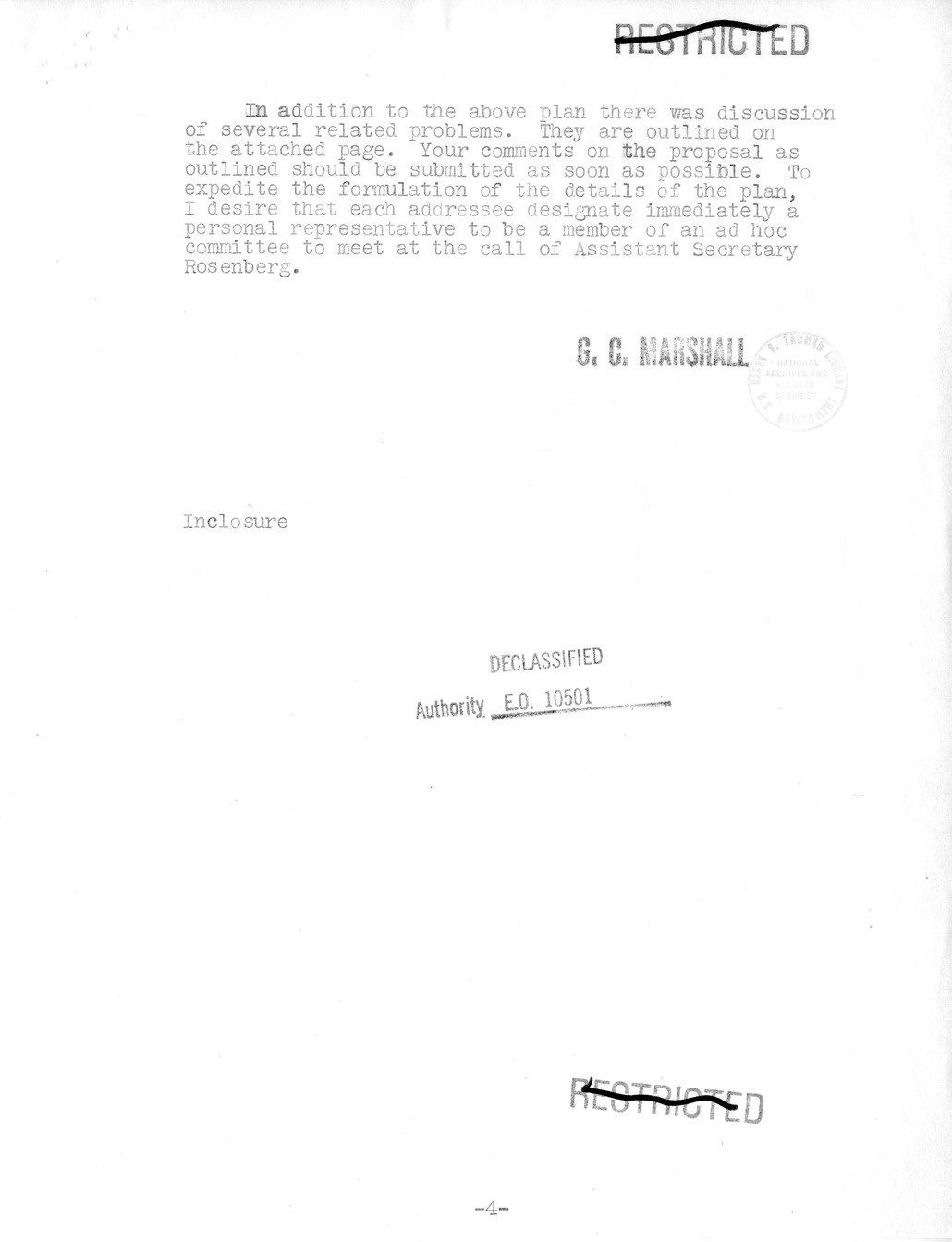 Note from Secretary of the Treasury John Snyder to President Harry S. Truman, with Attached Report from Secretary of Defense George Marshall to President Harry S. Truman