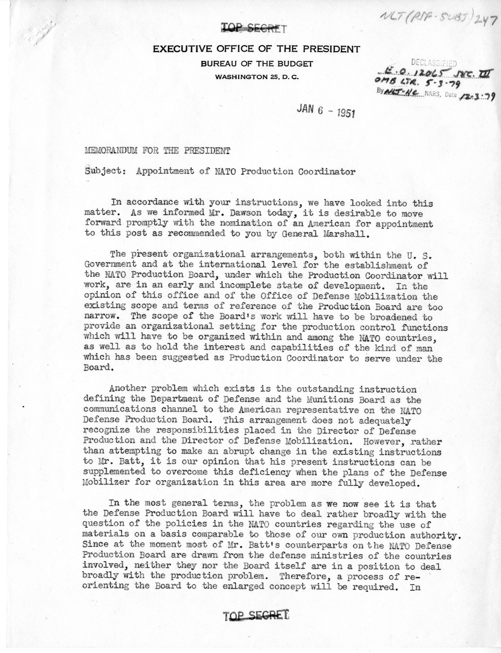 Memorandum from Frederick Lawton to President Harry S. Truman