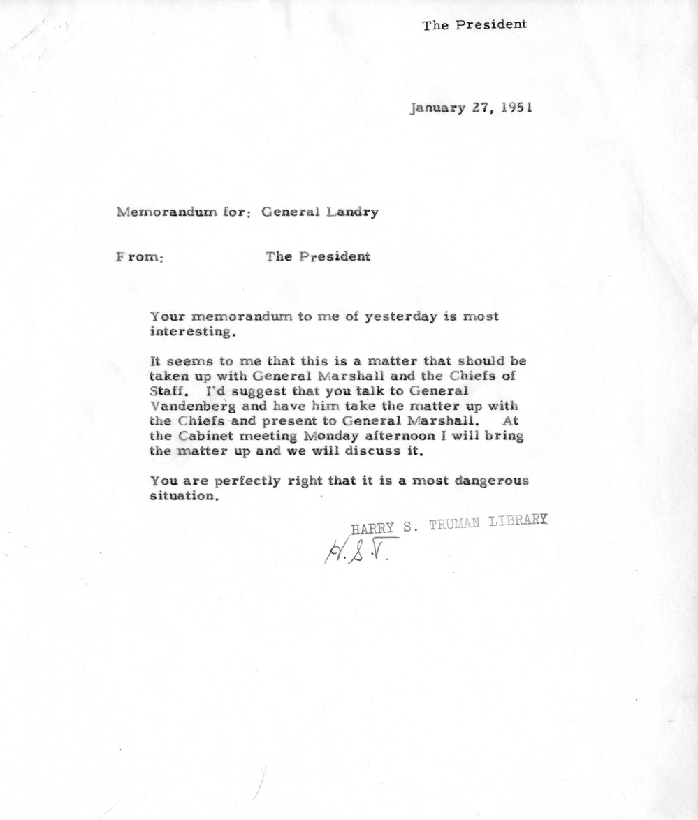 Correspondence Between President Harry S. Truman and Secretary of Defense George Marshall, with Attachments