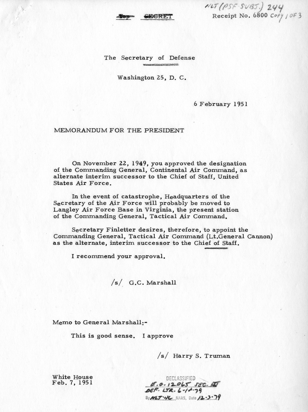 Memorandum from Secretary of Defense George Marshall to President Harry S. Truman