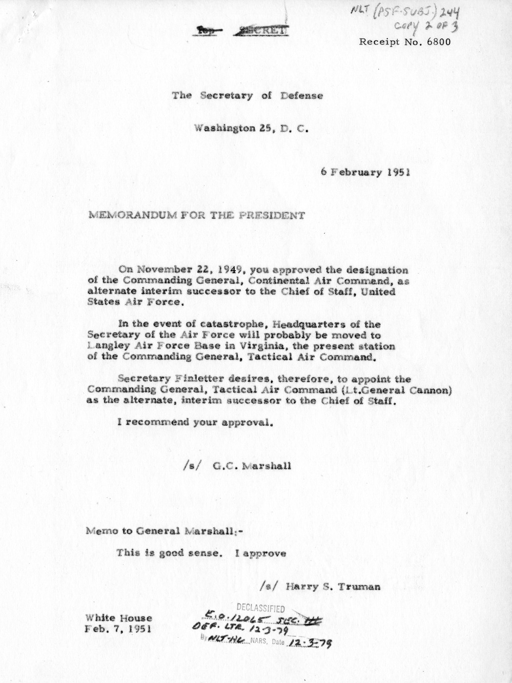 Memorandum from Secretary of Defense George Marshall to President Harry S. Truman
