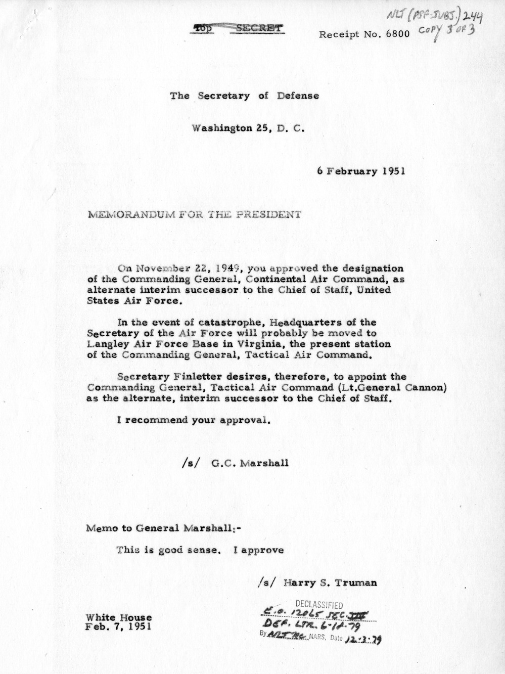 Memorandum from Secretary of Defense George Marshall to President Harry S. Truman