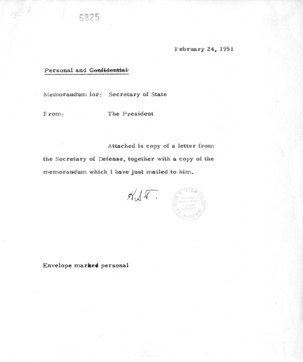Memorandum from President Harry S. Truman to Secretary of State Dean Acheson, with Attachment