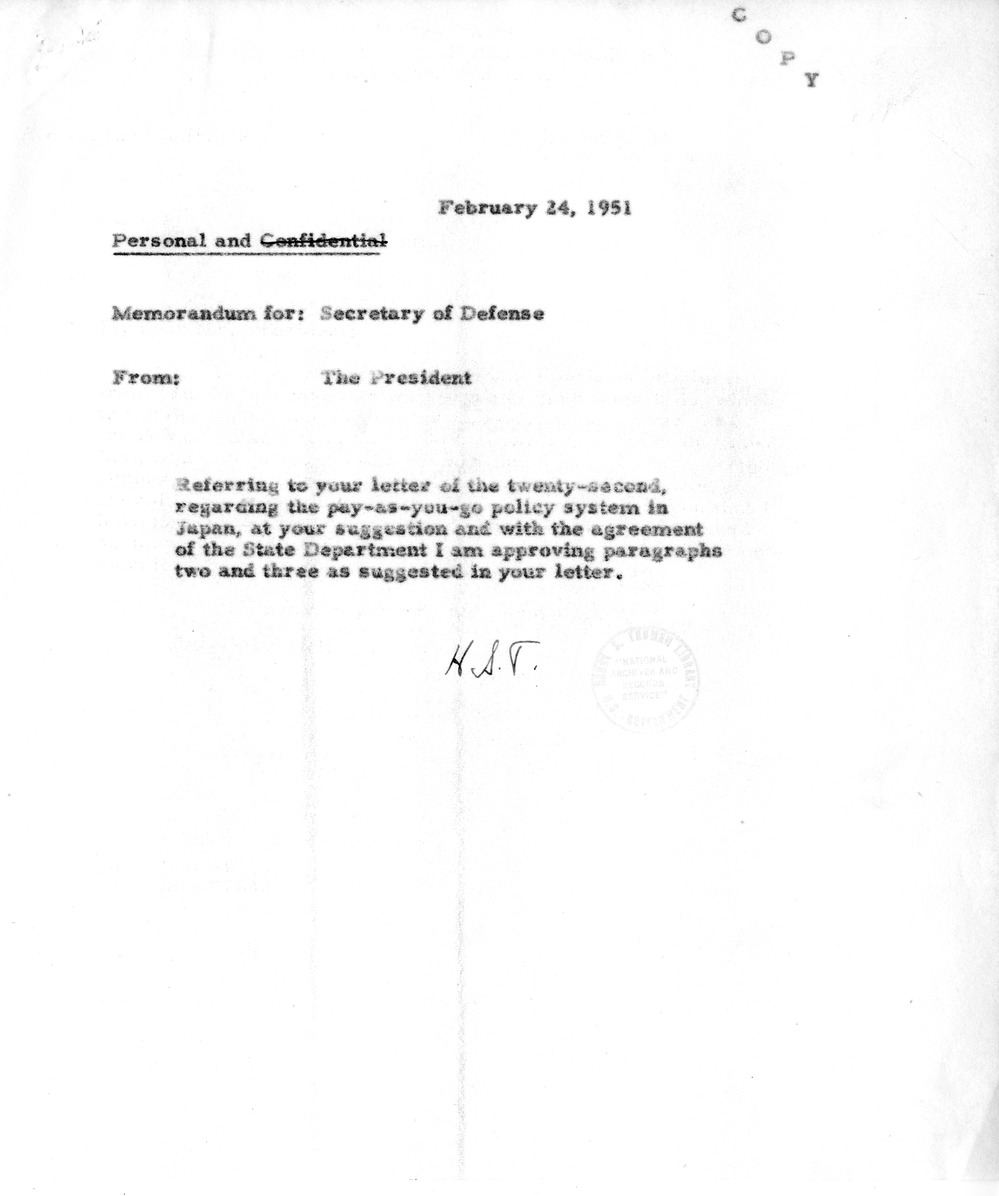 Memorandum from President Harry S. Truman to Secretary of State Dean Acheson, with Attachment