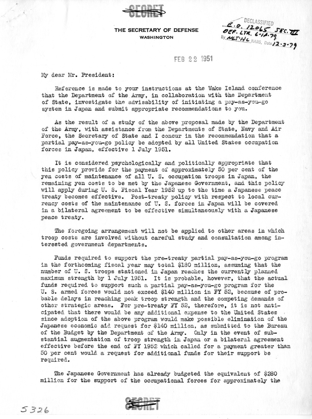 Correspondence Between President Harry S. Truman and Acting Secretary of Defense Robert Lovett