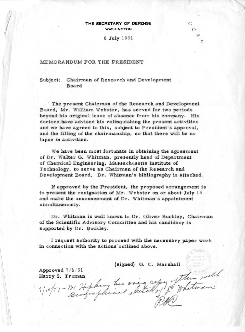 Correspondence Between President Harry S. Truman and Secretary of Defense George Marshall