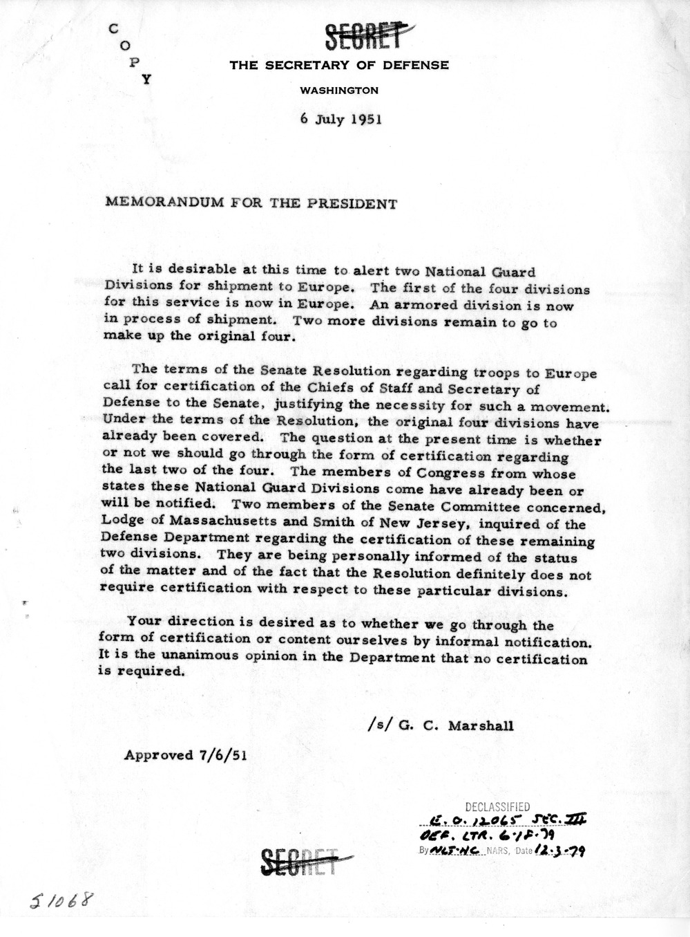 Memorandum from Secretary of Defense George Marshall to President Harry S. Truman