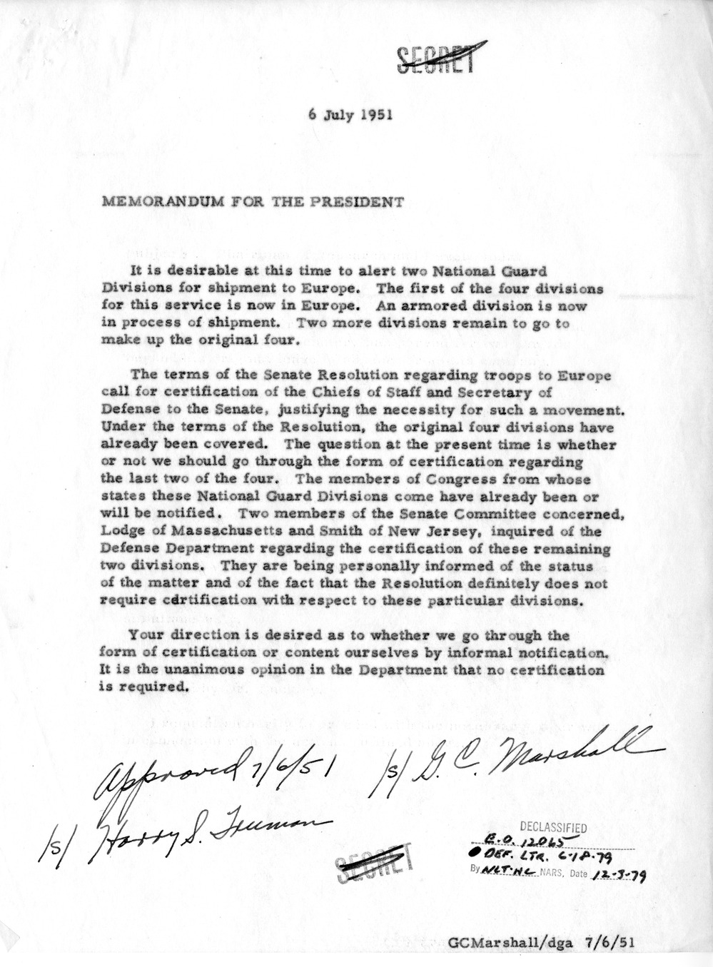 Memorandum from Secretary of Defense George Marshall to President Harry S. Truman