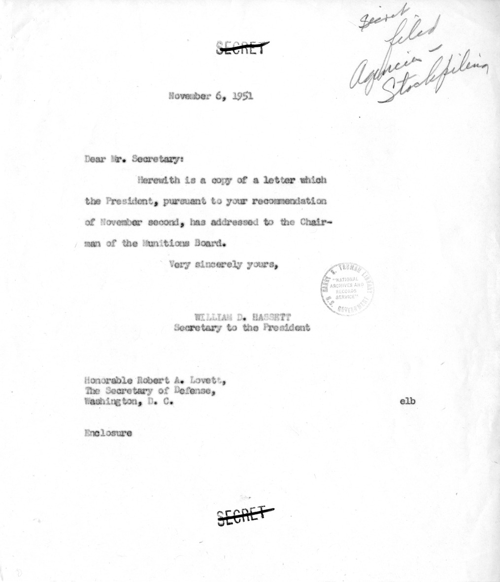 Memorandum from William Hassett to Secretary of Defense Robert Lovett