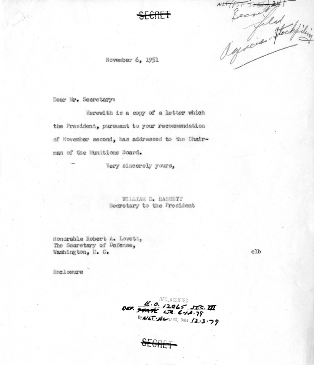 Memorandum from William Hassett to Secretary of Defense Robert Lovett