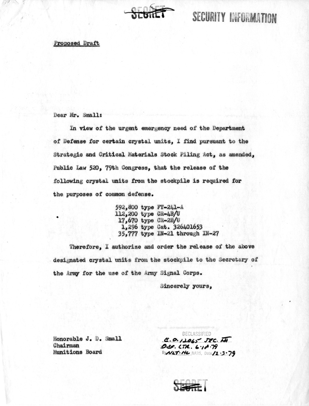 Memorandum from Secretary of Defense Robert Lovett to President Harry S. Truman, with Attached Draft Letter to J. D. Small