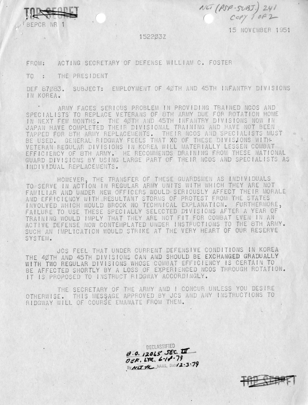 Correspondence Between President Harry S. Truman and Acting Secretary of Defense William C. Foster