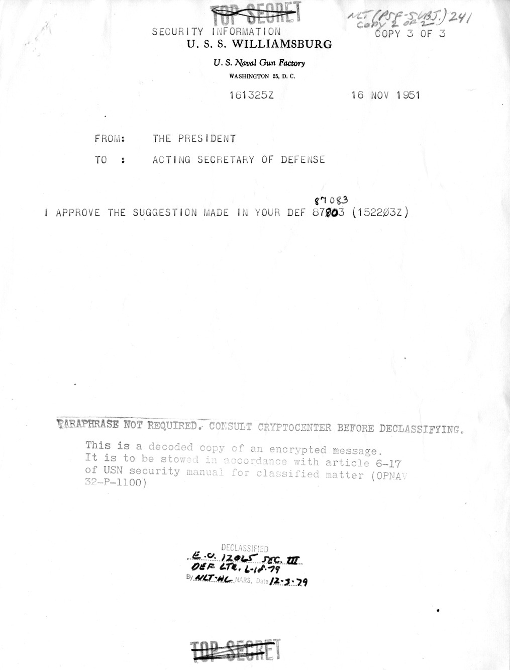 Correspondence Between President Harry S. Truman and Acting Secretary of Defense William C. Foster