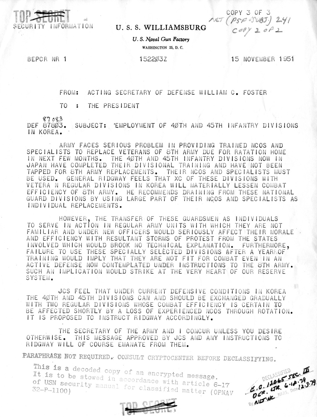 Correspondence Between President Harry S. Truman and Acting Secretary of Defense William C. Foster