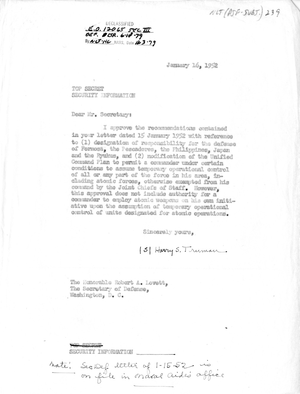 Memorandum from President Harry S. Truman to Secretary of Defense Robert Lovett