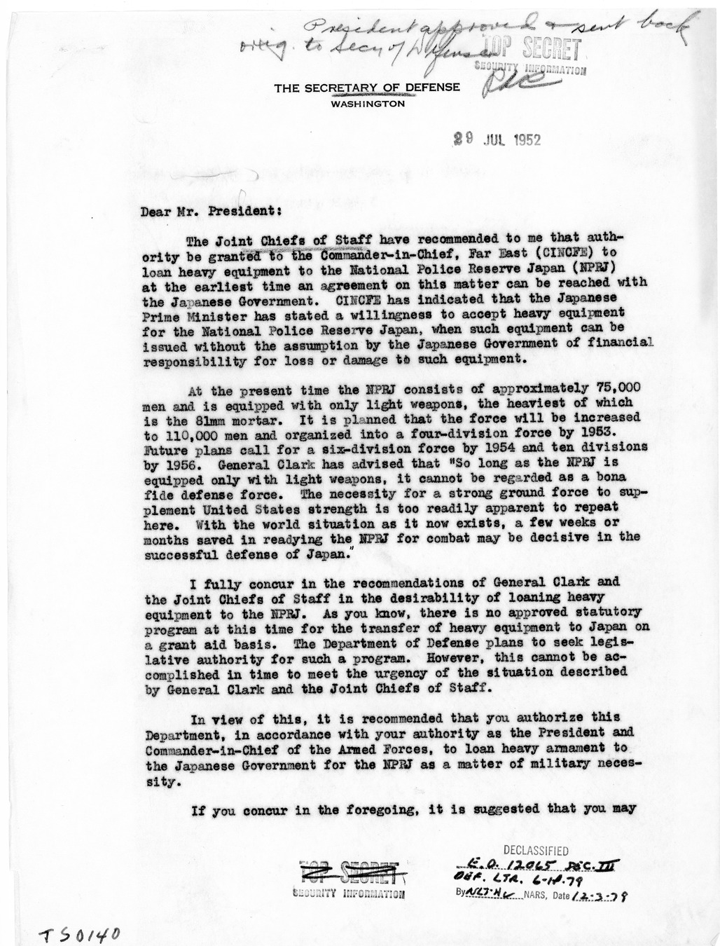 Memorandum from Secretary of Defense Robert Lovett to President Harry S. Truman