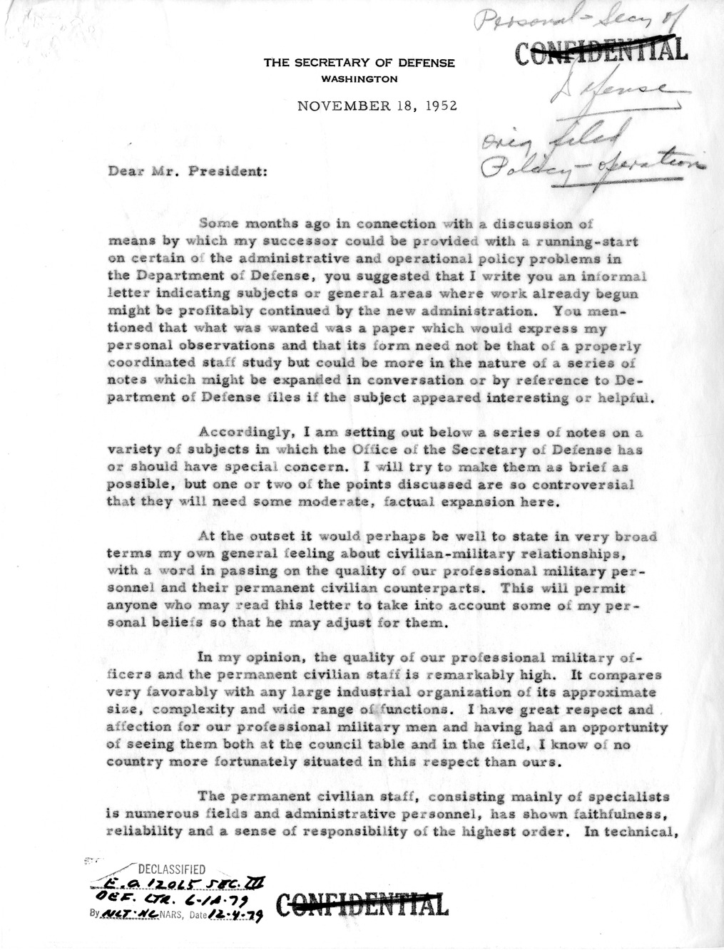 Memorandum from Secretary of Defense Robert Lovett to President Harry S. Truman