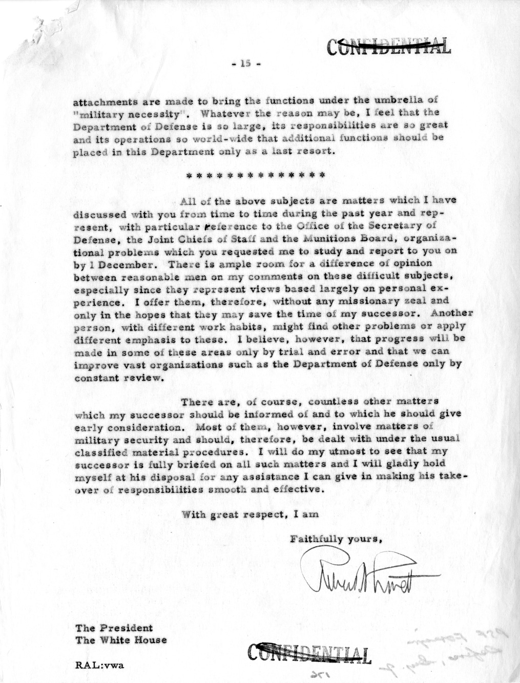Memorandum from Secretary of Defense Robert Lovett to President Harry S. Truman