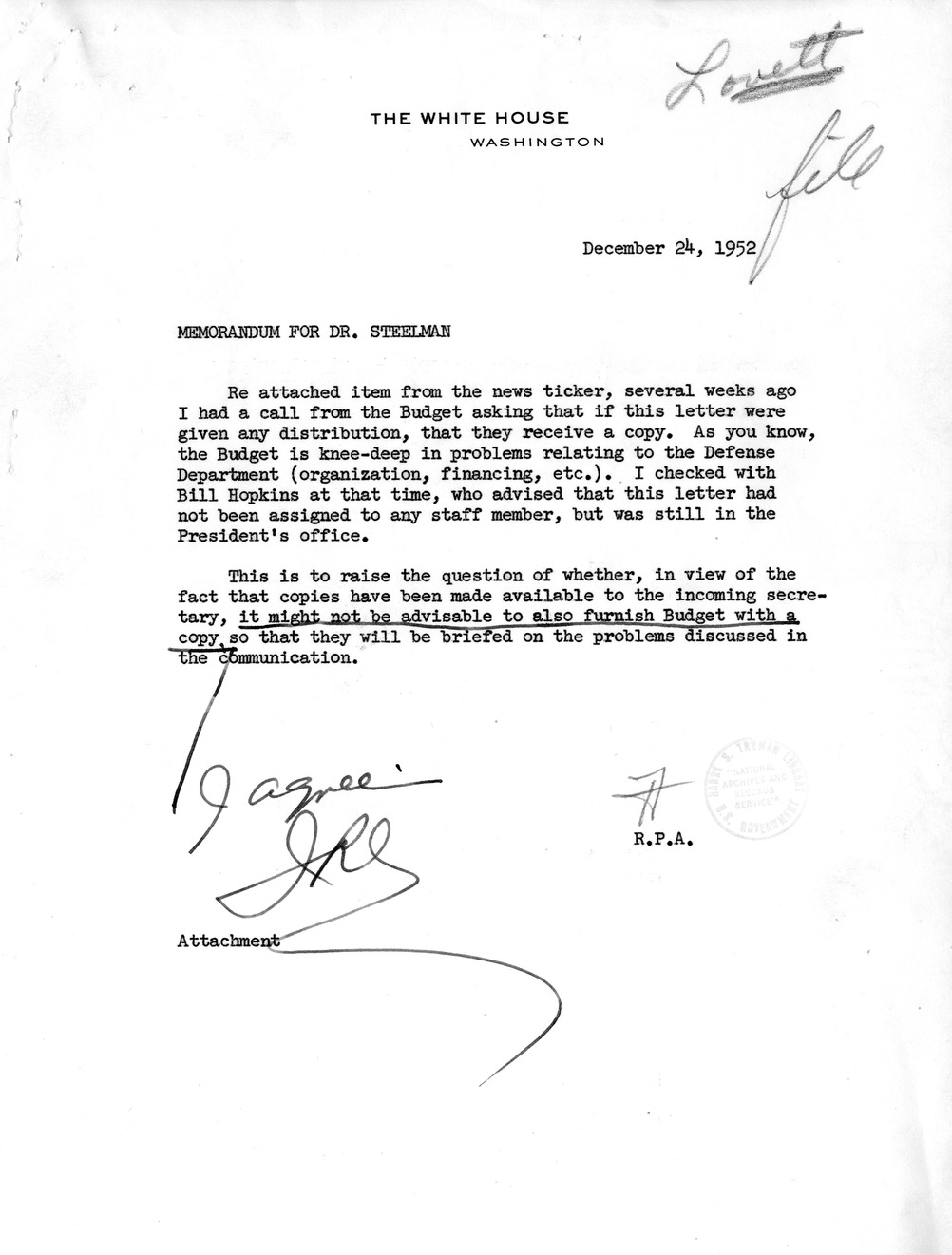 Memorandum from Russell P. Andrews to John Steelman with Attachments