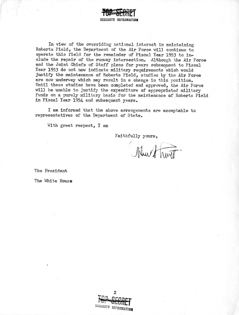 Correspondence Between President Harry S. Truman and Secretary of Defense Robert Lovett, with Attachments