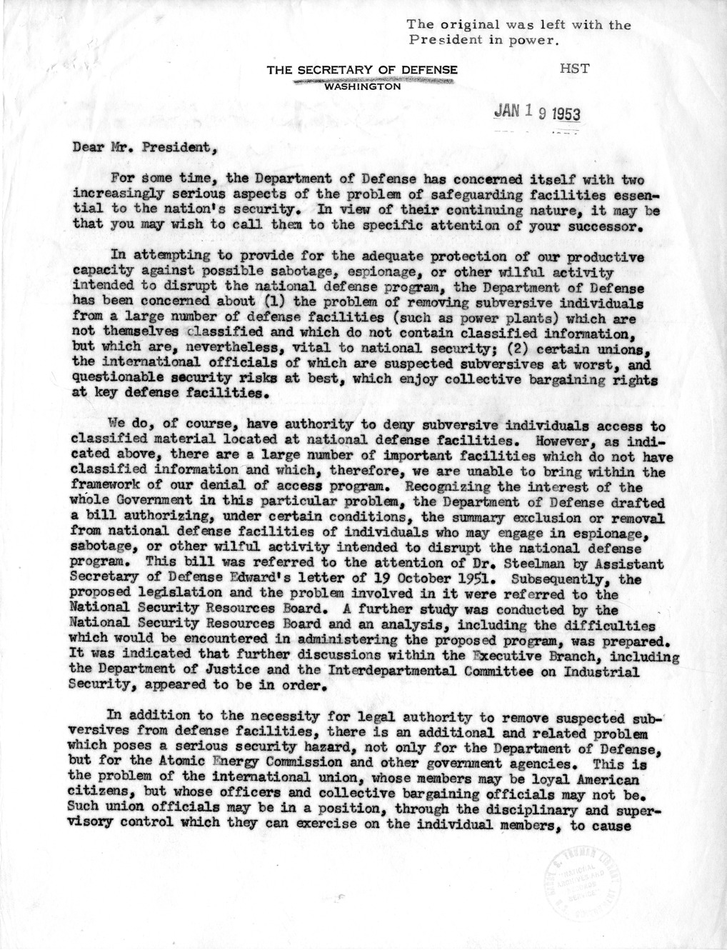 Memorandum from Secretary of Defense Robert Lovett to President Harry S. Truman