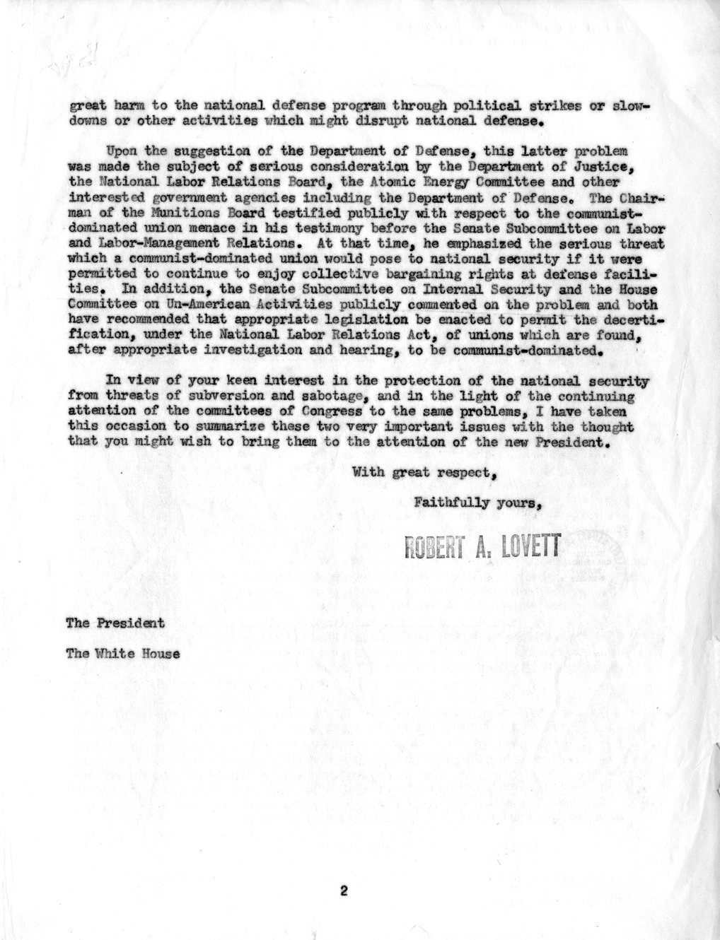 Memorandum from Secretary of Defense Robert Lovett to President Harry S. Truman