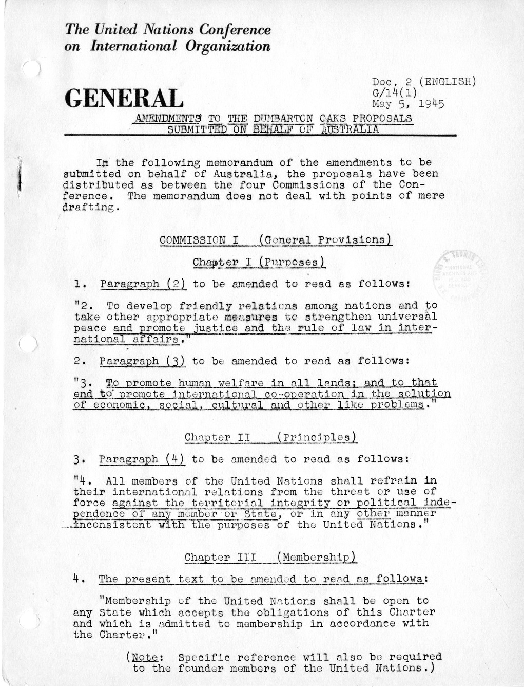 Report, Comments and Proposed Amendments Concerning the Dumbarton Oaks Proposals, Submitted by the Delegations to the United Nations Conference on International Organization