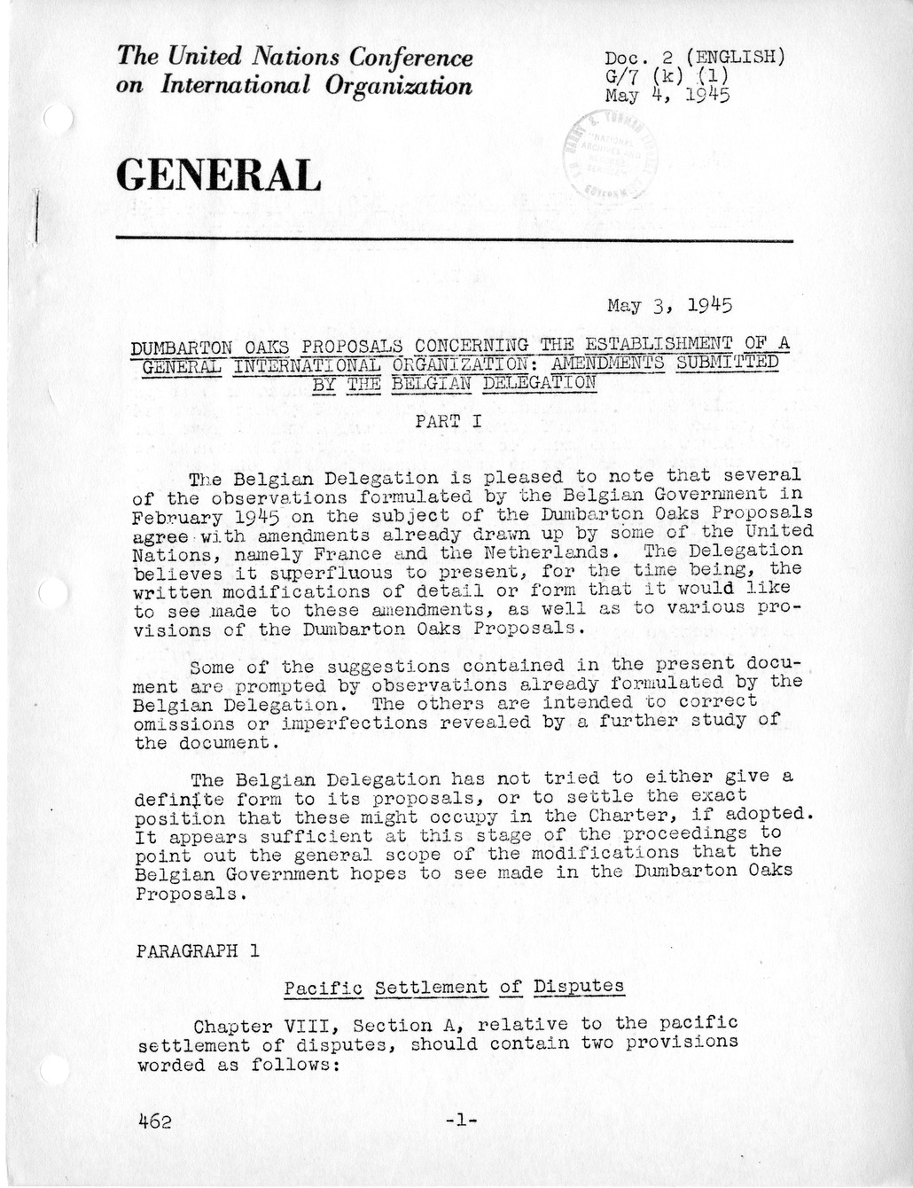 Report, Comments and Proposed Amendments Concerning the Dumbarton Oaks Proposals, Submitted by the Delegations to the United Nations Conference on International Organization