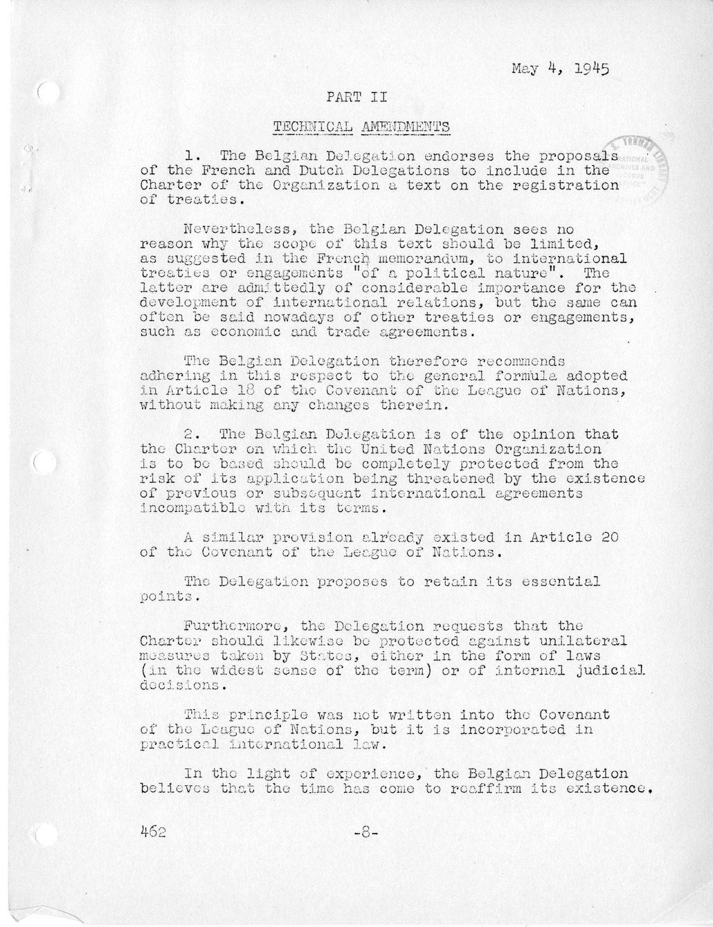 Report, Comments and Proposed Amendments Concerning the Dumbarton Oaks Proposals, Submitted by the Delegations to the United Nations Conference on International Organization
