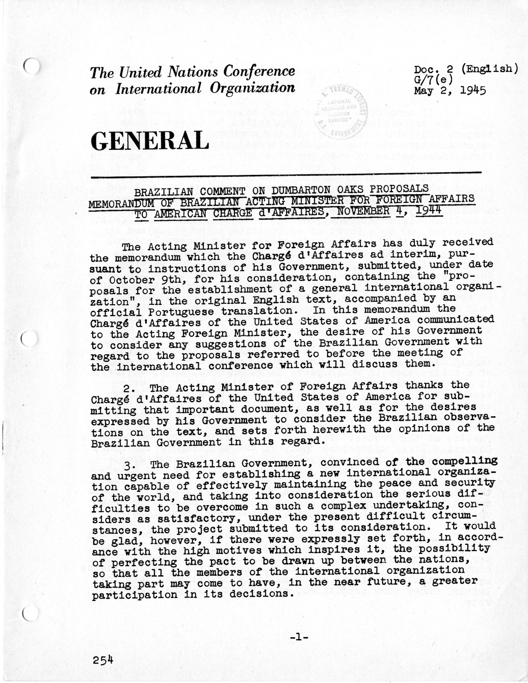 Report, Comments and Proposed Amendments Concerning the Dumbarton Oaks Proposals, Submitted by the Delegations to the United Nations Conference on International Organization