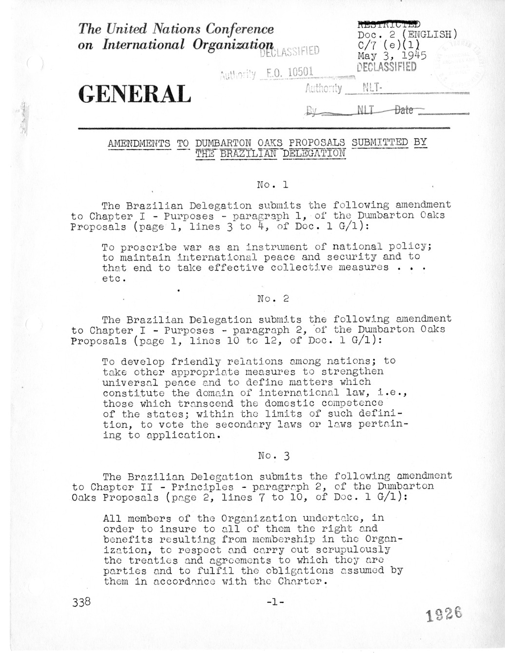 Report, Comments and Proposed Amendments Concerning the Dumbarton Oaks Proposals, Submitted by the Delegations to the United Nations Conference on International Organization