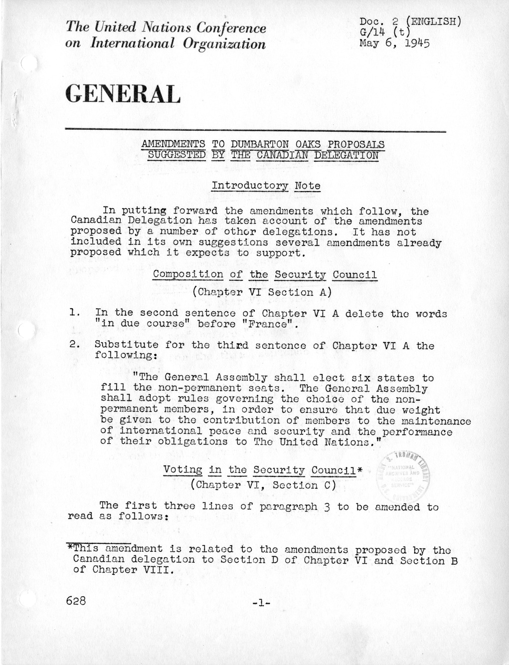 Report, Comments and Proposed Amendments Concerning the Dumbarton Oaks Proposals, Submitted by the Delegations to the United Nations Conference on International Organization