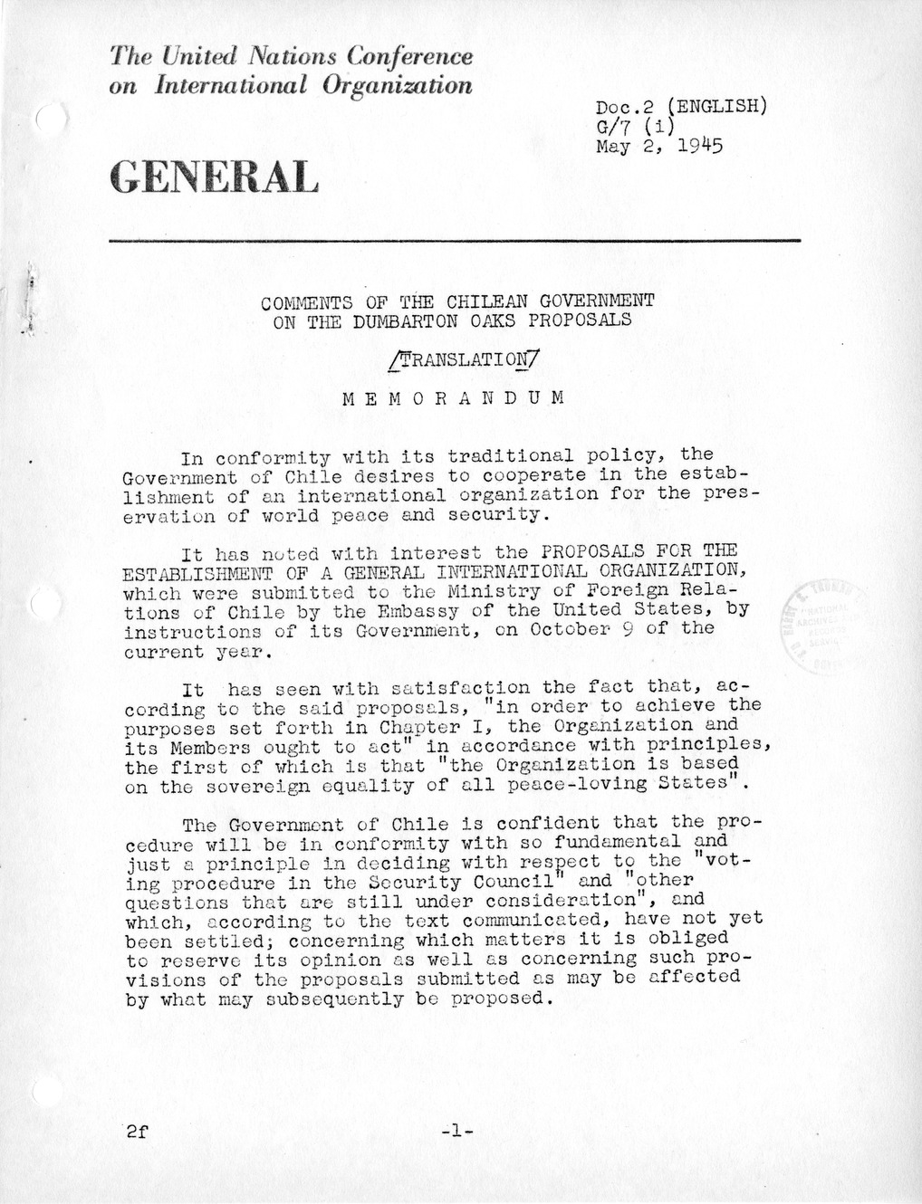 Report, Comments and Proposed Amendments Concerning the Dumbarton Oaks Proposals, Submitted by the Delegations to the United Nations Conference on International Organization