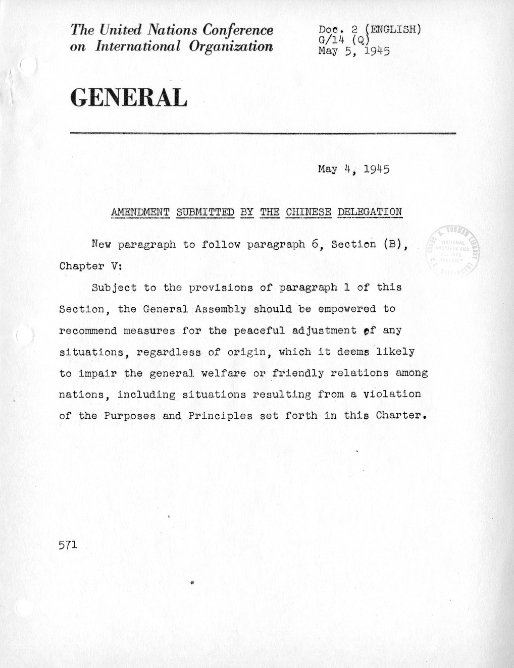 Report, Comments and Proposed Amendments Concerning the Dumbarton Oaks Proposals, Submitted by the Delegations to the United Nations Conference on International Organization