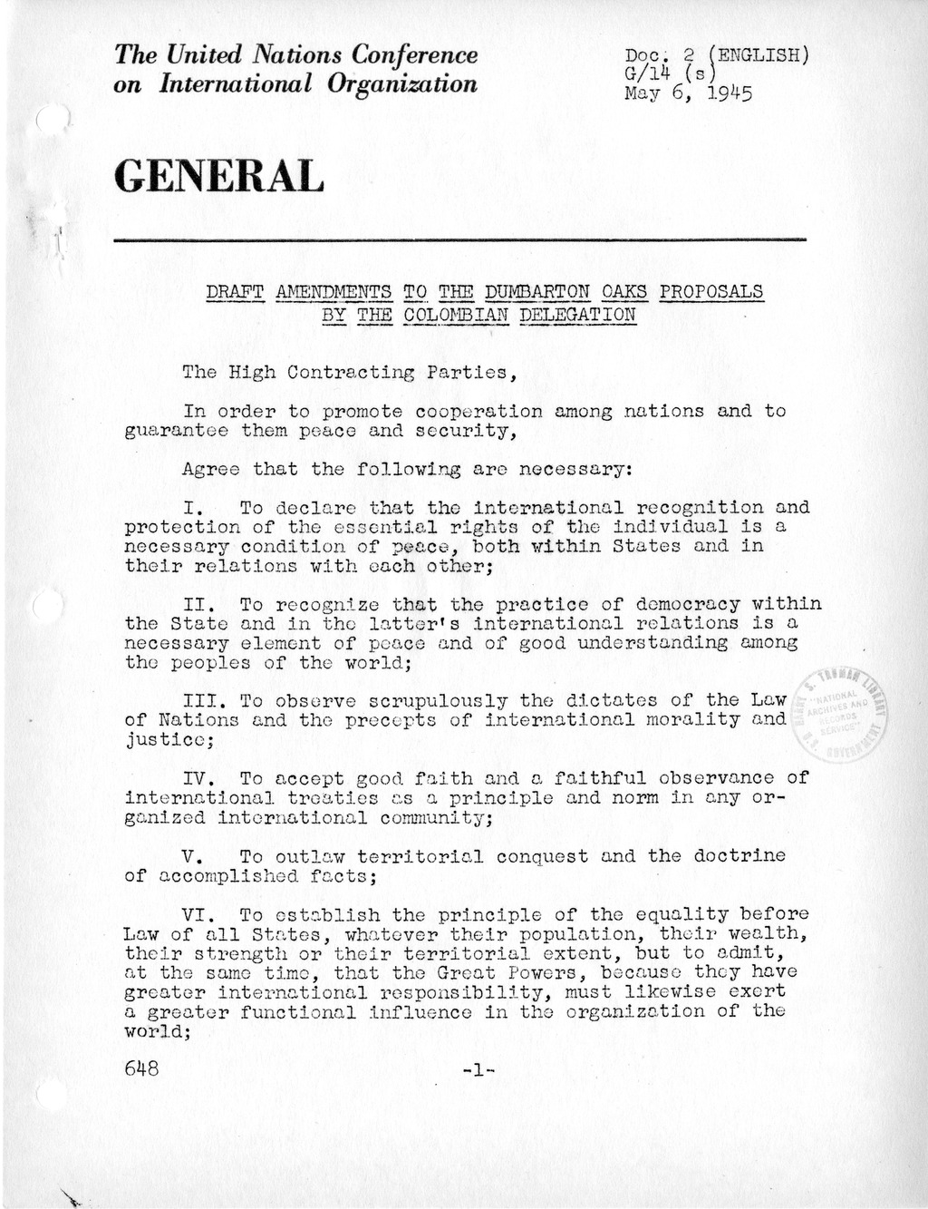 Report, Comments and Proposed Amendments Concerning the Dumbarton Oaks Proposals, Submitted by the Delegations to the United Nations Conference on International Organization