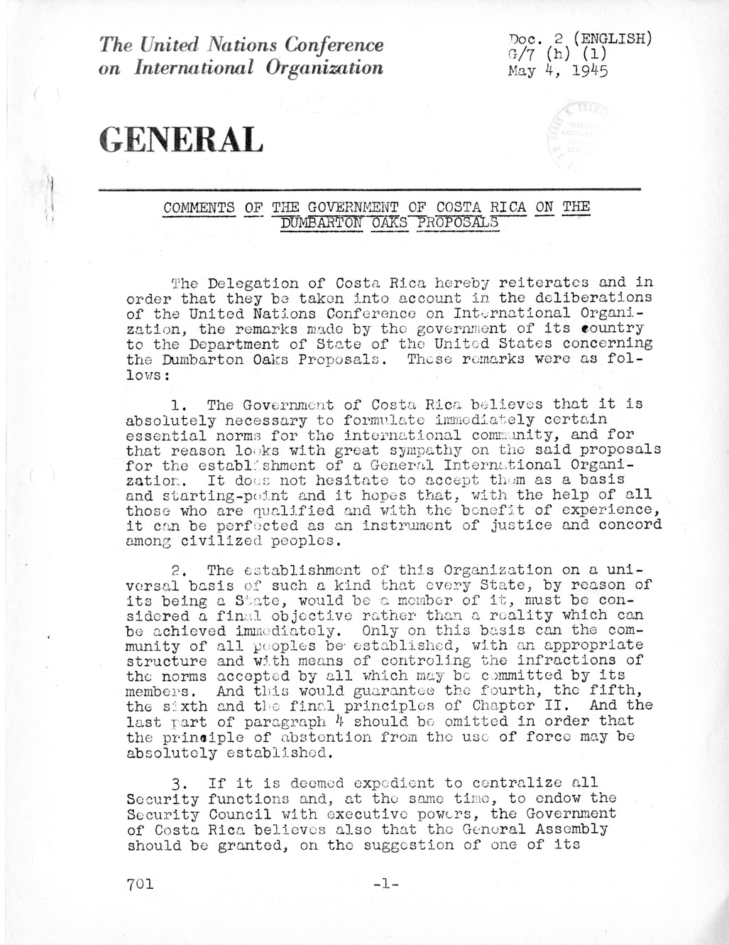 Report, Comments and Proposed Amendments Concerning the Dumbarton Oaks Proposals, Submitted by the Delegations to the United Nations Conference on International Organization