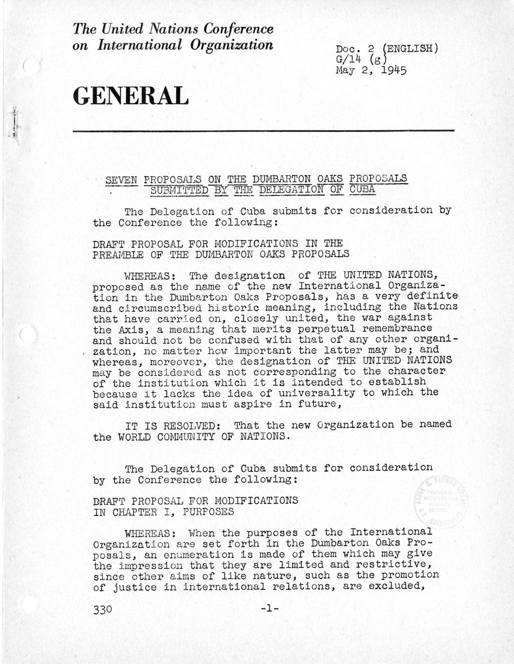 Report, Comments and Proposed Amendments Concerning the Dumbarton Oaks Proposals, Submitted by the Delegations to the United Nations Conference on International Organization