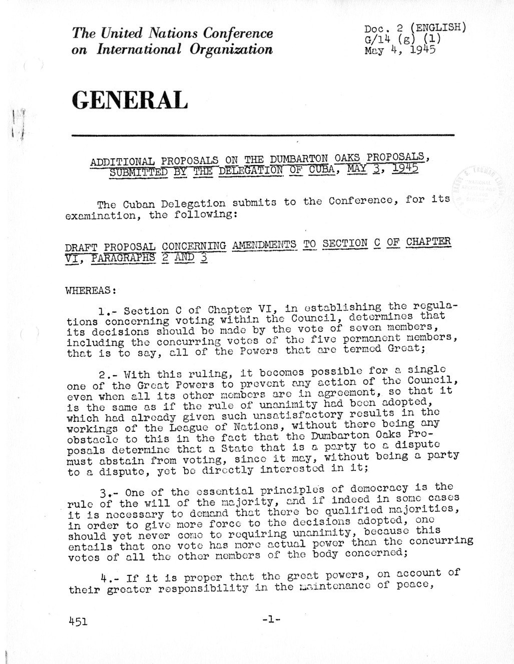 Report, Comments and Proposed Amendments Concerning the Dumbarton Oaks Proposals, Submitted by the Delegations to the United Nations Conference on International Organization