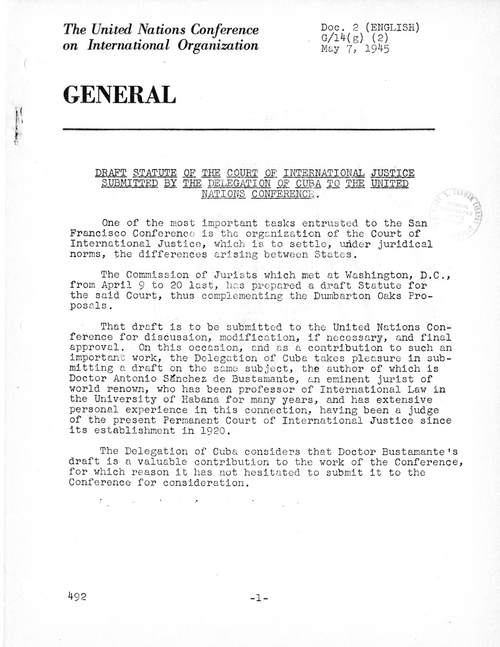 Report, Comments and Proposed Amendments Concerning the Dumbarton Oaks Proposals, Submitted by the Delegations to the United Nations Conference on International Organization