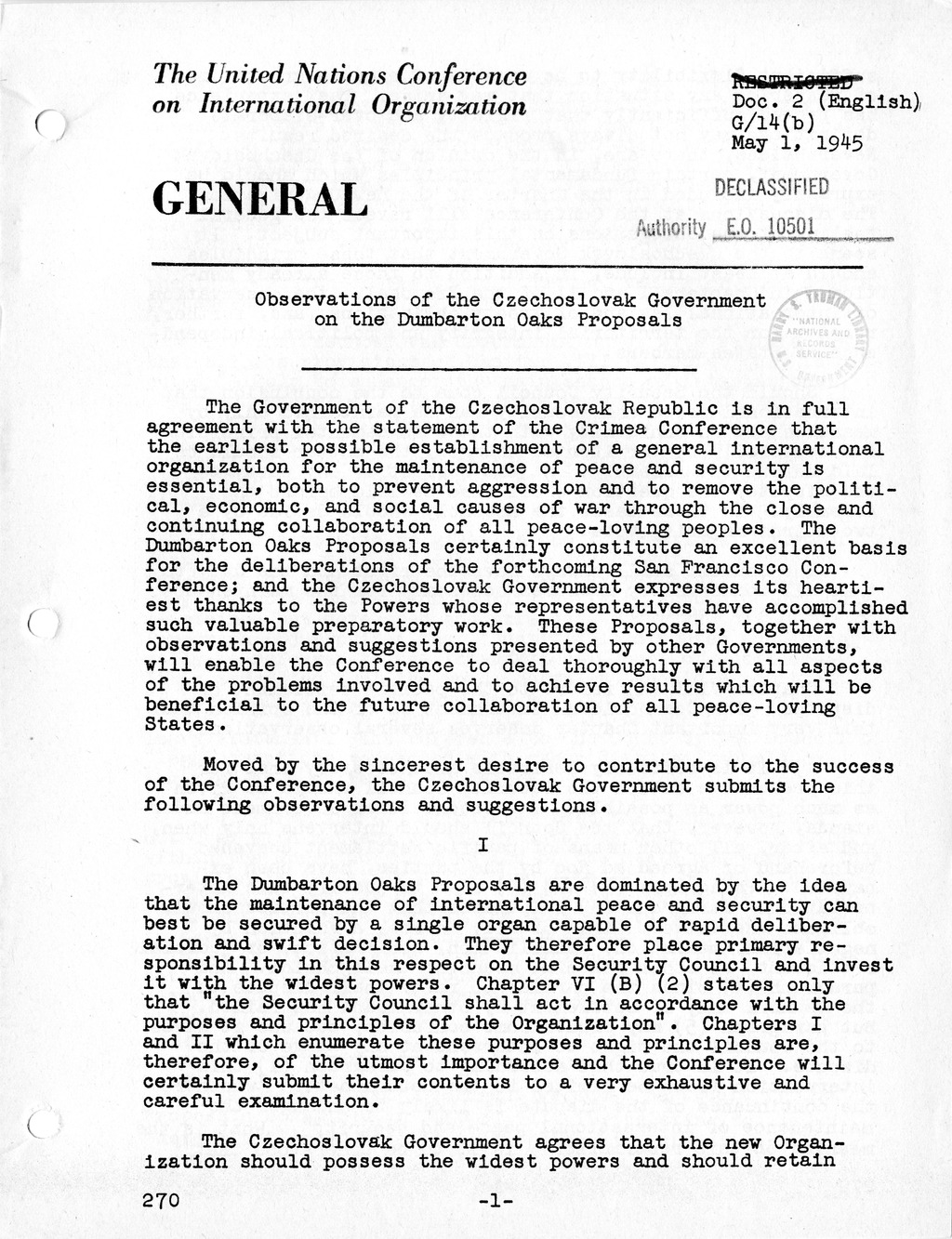 Report, Comments and Proposed Amendments Concerning the Dumbarton Oaks Proposals, Submitted by the Delegations to the United Nations Conference on International Organization
