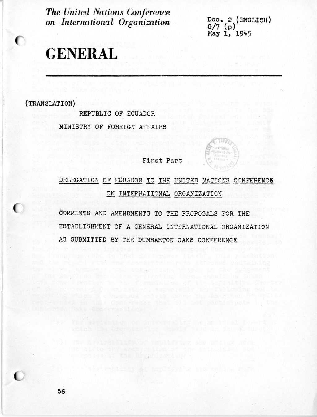 Report, Comments and Proposed Amendments Concerning the Dumbarton Oaks Proposals, Submitted by the Delegations to the United Nations Conference on International Organization