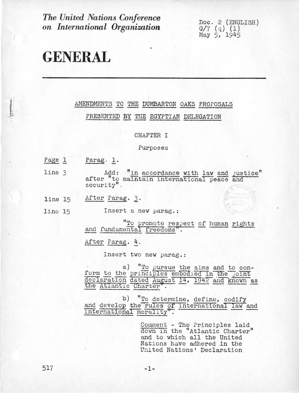 Report, Comments and Proposed Amendments Concerning the Dumbarton Oaks Proposals, Submitted by the Delegations to the United Nations Conference on International Organization