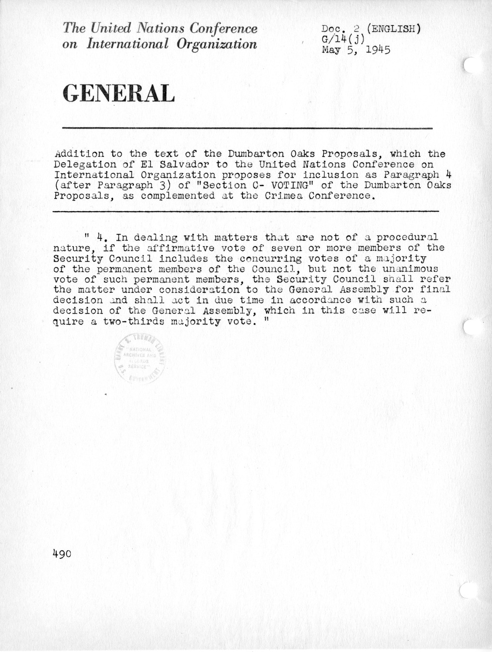 Report, Comments and Proposed Amendments Concerning the Dumbarton Oaks Proposals, Submitted by the Delegations to the United Nations Conference on International Organization