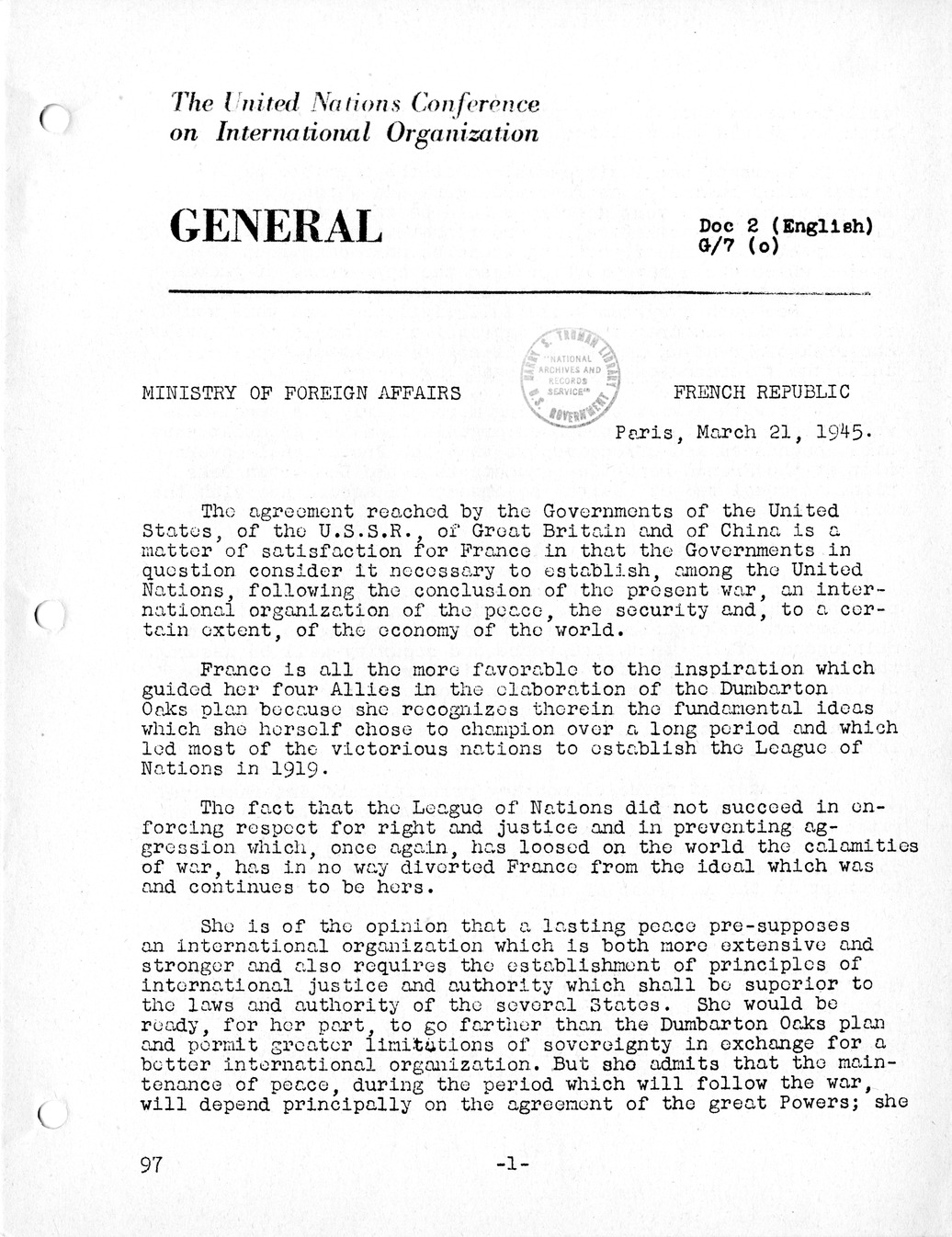 Report, Comments and Proposed Amendments Concerning the Dumbarton Oaks Proposals, Submitted by the Delegations to the United Nations Conference on International Organization