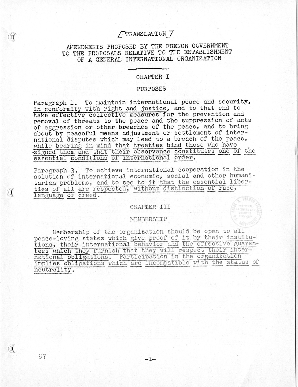 Report, Comments and Proposed Amendments Concerning the Dumbarton Oaks Proposals, Submitted by the Delegations to the United Nations Conference on International Organization