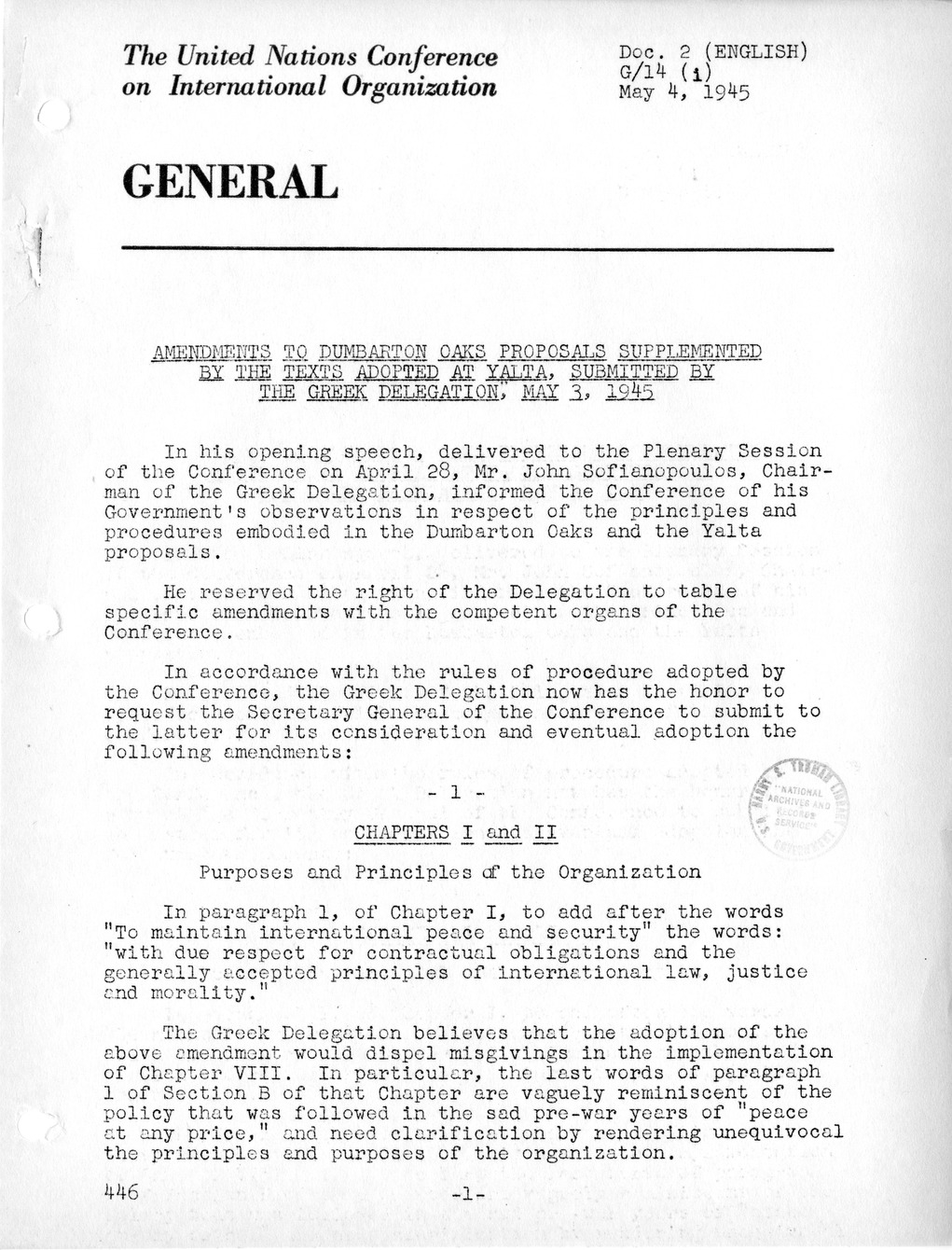 Report, Comments and Proposed Amendments Concerning the Dumbarton Oaks Proposals, Submitted by the Delegations to the United Nations Conference on International Organization