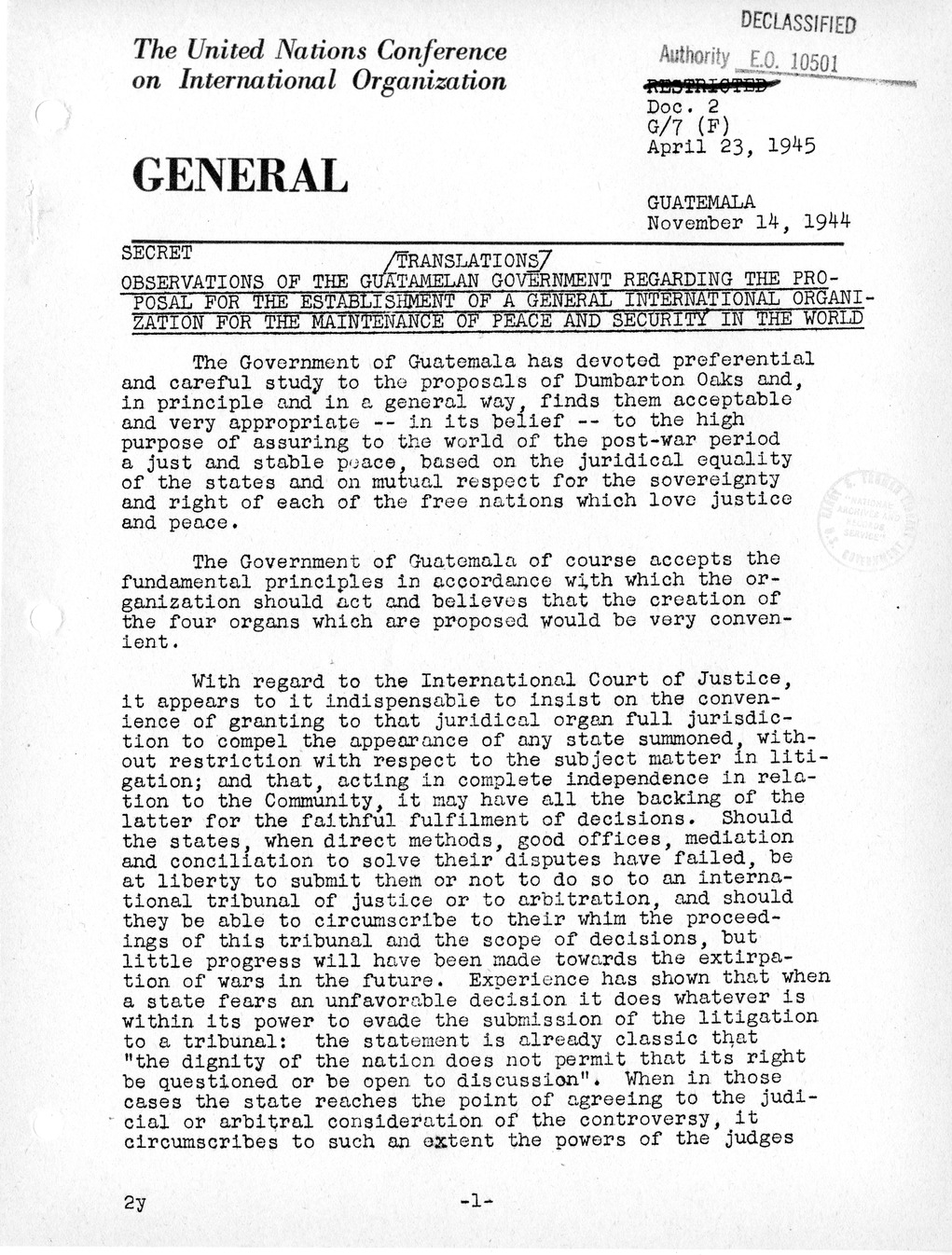 Report, Comments and Proposed Amendments Concerning the Dumbarton Oaks Proposals, Submitted by the Delegations to the United Nations Conference on International Organization