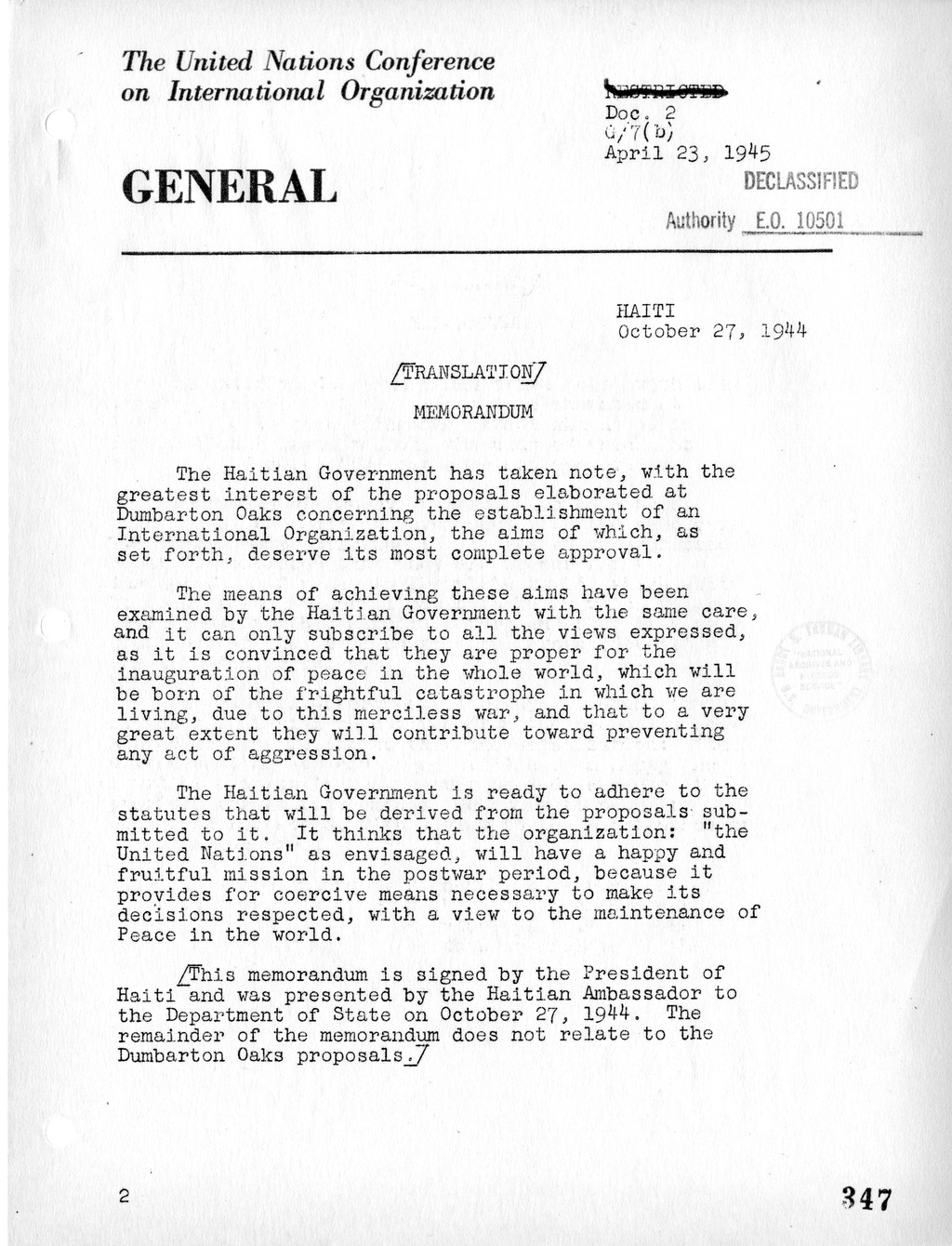 Report, Comments and Proposed Amendments Concerning the Dumbarton Oaks Proposals, Submitted by the Delegations to the United Nations Conference on International Organization