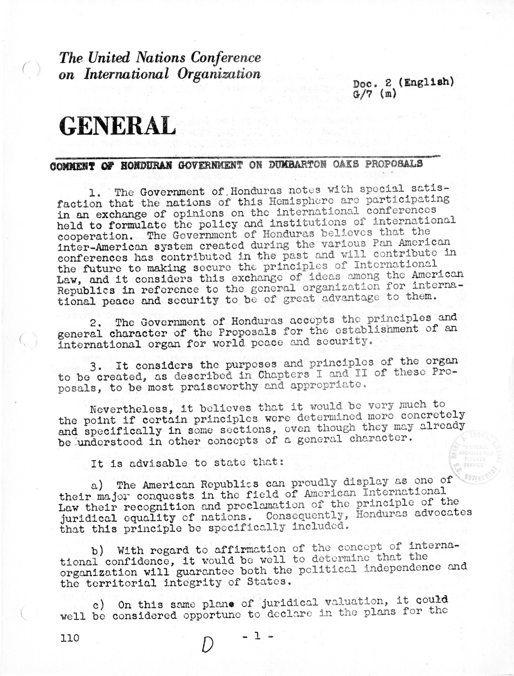 Report, Comments and Proposed Amendments Concerning the Dumbarton Oaks Proposals, Submitted by the Delegations to the United Nations Conference on International Organization