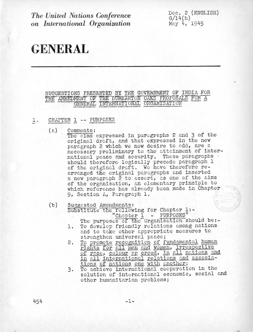 Report, Comments and Proposed Amendments Concerning the Dumbarton Oaks Proposals, Submitted by the Delegations to the United Nations Conference on International Organization